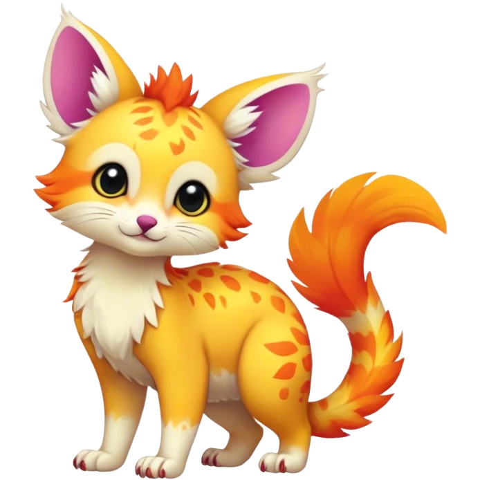 Feral Rare Fantasy vibrant colorful tropical cute, kawaii, cool, ed Vernid-Trico-species by LiLaiRa, random markings, tufted tail, tufted ears, full body, cheek markings emoji
