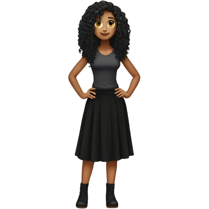Tan girl with black long curly hair black skirt full body emoji
