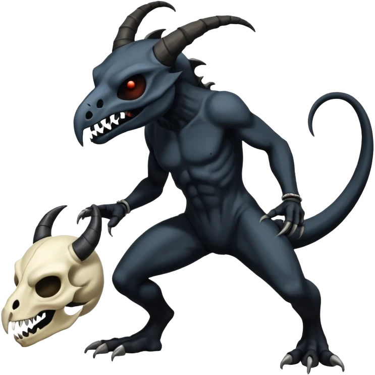 Shiny Dark Edgy  Duskull-Salandit-Inteleon-Amaura-Fakémon-hybrid-creature (full body) with a horned animal-skull-mask emoji