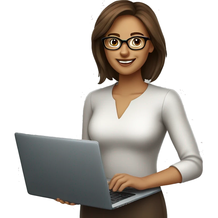 beautiful women with brown hair, glasses and laptop, boss lady, smiling and friendly emoji