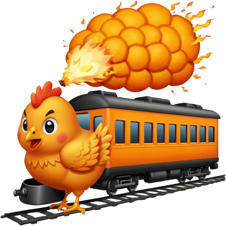 Chicken eating a train while exploding emoji