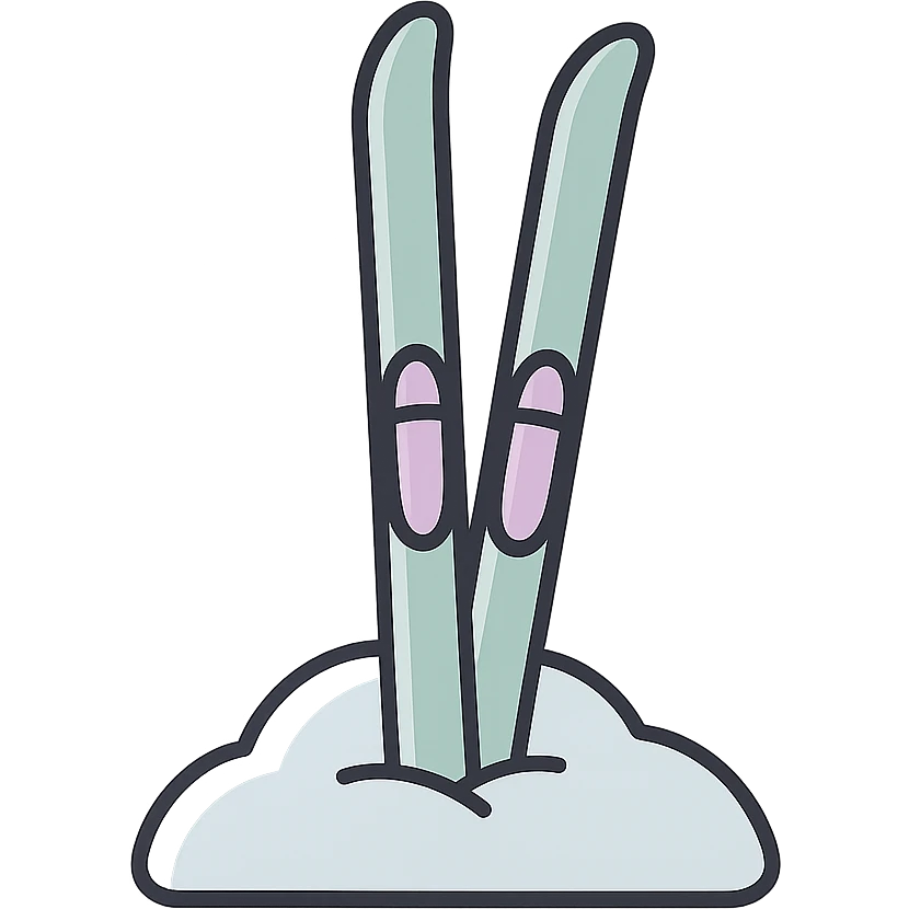narrow cross-country skis stuck into a snowdrift, detailed shading, thin clean outlines, soft rounded features, pastel palette #98B5BC #B5B3C1 #C9A3C9 #E4C0CA #F7DCD1 #F7C0AA, Japanese pop art, sticker look, highly detailed, vector clarity, soft lighting, subtle shadows, transparent background emoji