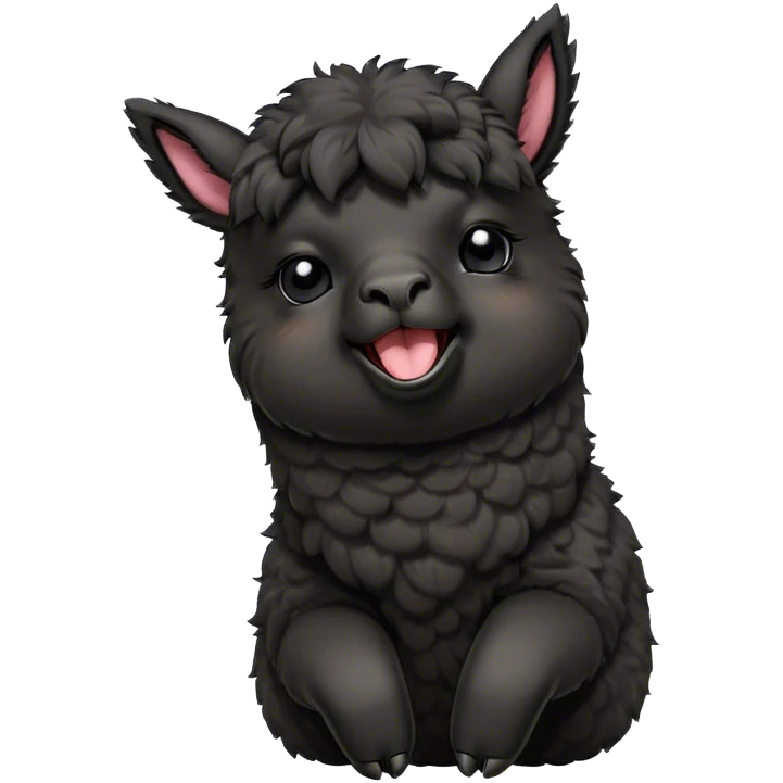 Cinematic Cute Yawning Black Alpaca Portrait Emoji, Head tilted slightly with a dramatic, wide-open yawn, showcasing a soft, plush jet-black fleece with gently drooping ears, round dark eyes barely open in drowsy contentment, Simplified yet irresistibly adorable features, highly detailed, glowing with a soft, cozy glow, high shine, relaxed yet expressive, stylized with a touch of whimsy, bright and endearing, soft glowing outline, capturing the essence of a sleepy yet affectionate alpaca, so drowsy it feels like it could stretch out of the screen and curl up for a nap! emoji