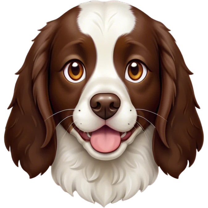 Cinematic Comical Springer Spaniel Portrait Emoji, Head tilted dramatically with an exaggeratedly amused expression, featuring a striking liver and white Fur with dynamic patterns, wide, expressive brown eyes filled with playful disbelief, Simplified yet hilariously expressive features, highly detailed, glowing with a slightly sassy glow, high shine, dramatic yet playful, stylized with an air of cheeky mischief, bright and endearing, soft glowing outline, capturing the essence of a spirited and over-the-top companion, so meme-worthy it feels like it could side-eye its way into internet fame instantly! emoji