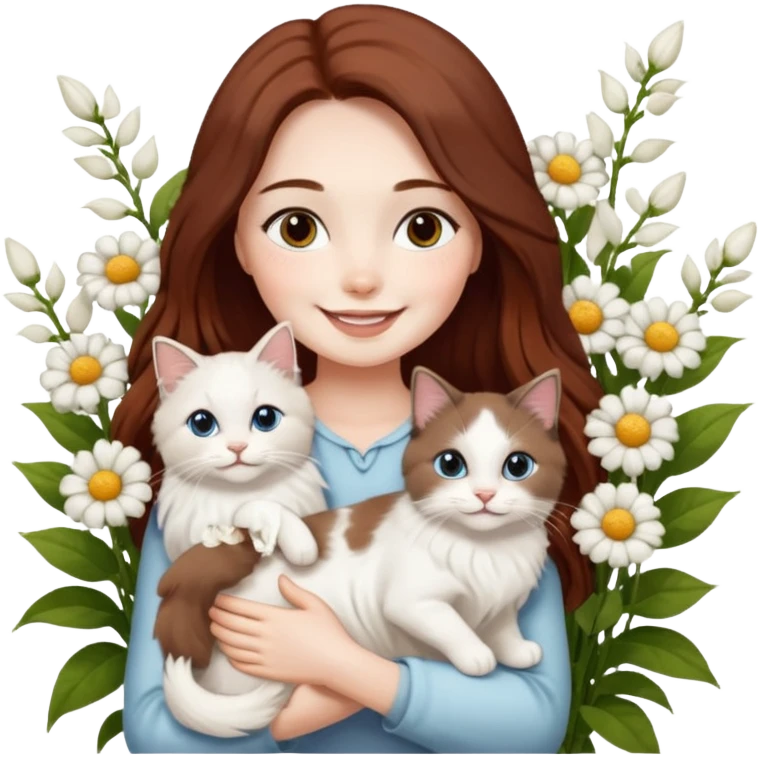 A woman with long dark auburn hair holding three white ragdoll cats in the flowers emoji