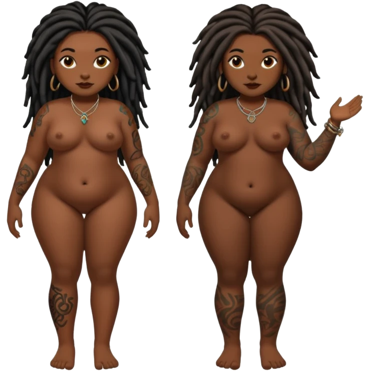 Full body nude plus size dark skin black girl long dreadlocks, tattoos on right arm and left leg emoji