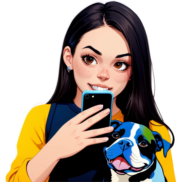Slightly overweight beautiful girl with choppy long dark hair with her nose piercing and her black iPhone with her her pet pit bull girl with an underbite layed next to her emoji