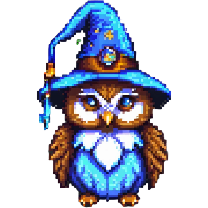 pixel art owl with a wizard hat emoji