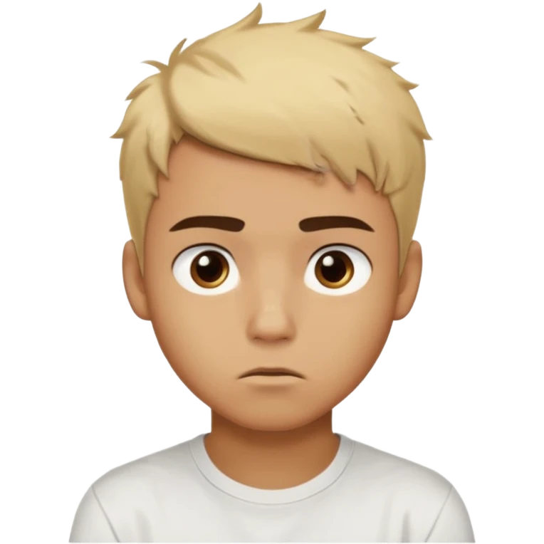 caramel skin color. Teen age. Short buzz, messy blonde hair, dark brown bushy eyebrows large expressive golden-brown eyes, brown skin color, scar over nose, wearing a plain white t-shirt. 20 year old male. thinking facial expression. caramel skin color.  emoji