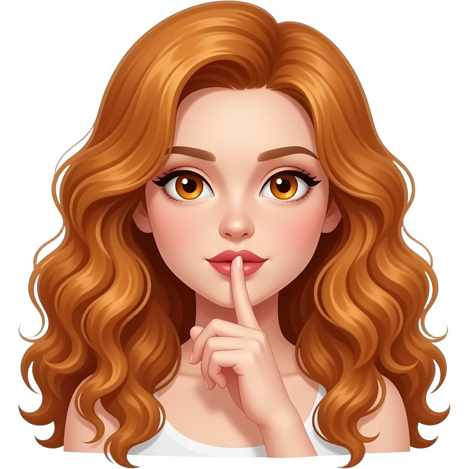 sexy girl with long curly ginger hair and ginger eyes put her finger on her lips emoji