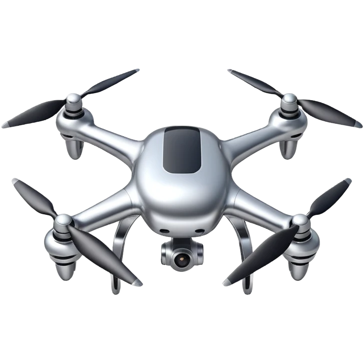 A futuristic drone emoji made of polished silver chrome, smooth rounded body, minimal propellers, reflective metallic surface, soft studio lighting, iOS emoji style, centered, clean white background emoji