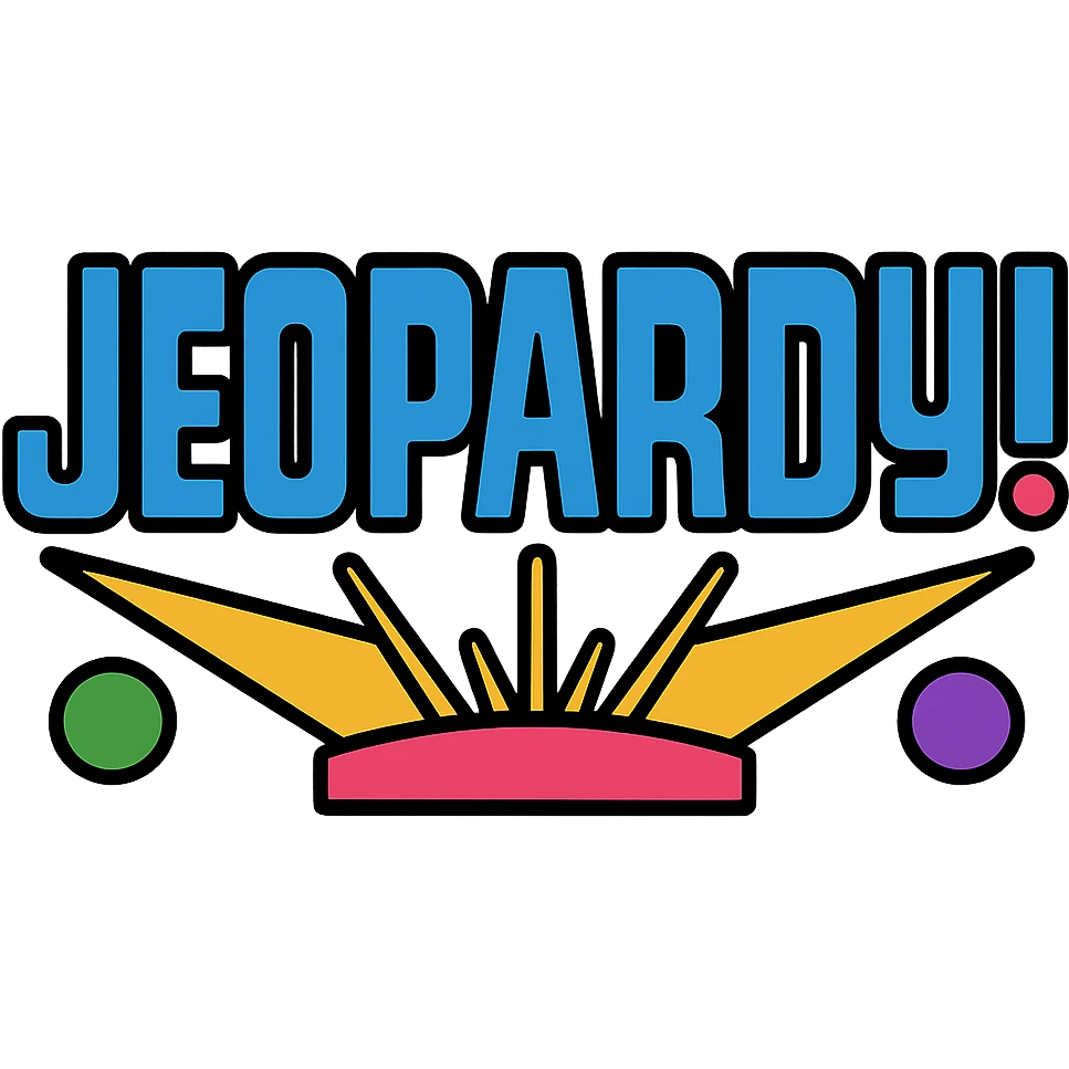 Add more colors to the Jeopardy logo icon, including red, green, and purple accents, while keeping the bold blue and gold base. Clean icon style with lineal color and black outlines. emoji