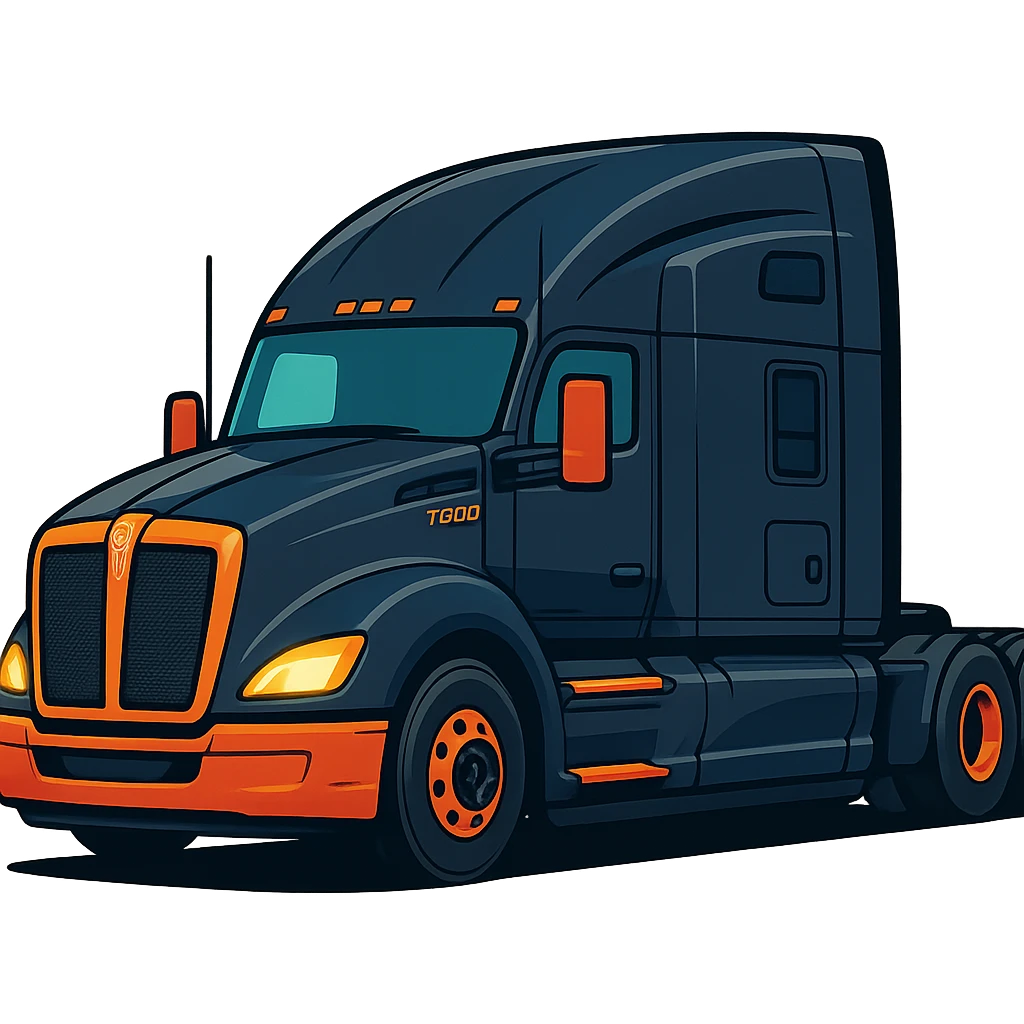 2026 Black Kenworth T680 Sleeper semi truck, side view, headlights on, stylized illustration, no background emoji