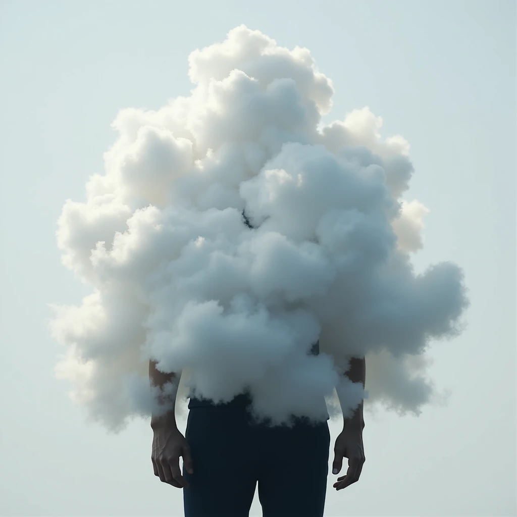 person, upper body up to the shoulders entirely composed of voluminous clouds, clouds form the silhouette, realistic illustration style emoji
