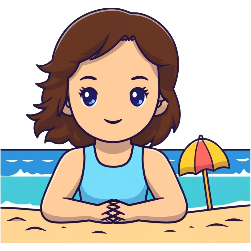 Girl with brown hair, blue eyes, white at beach  emoji