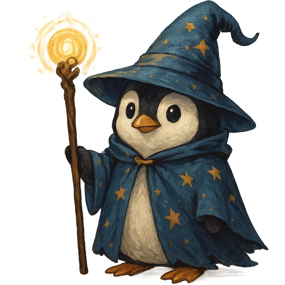 penguin wizard, magical staff, wearing a wizard hat emoji