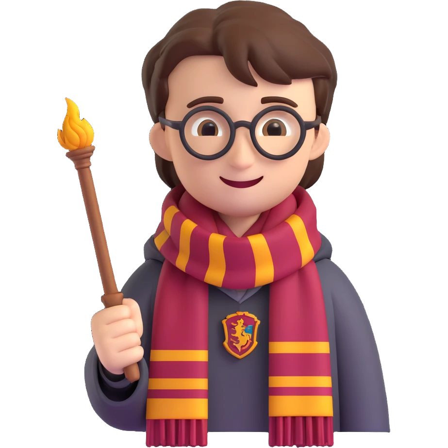 Harry Potter emoji with wand, Gryffindor scarf, smiling emoji
