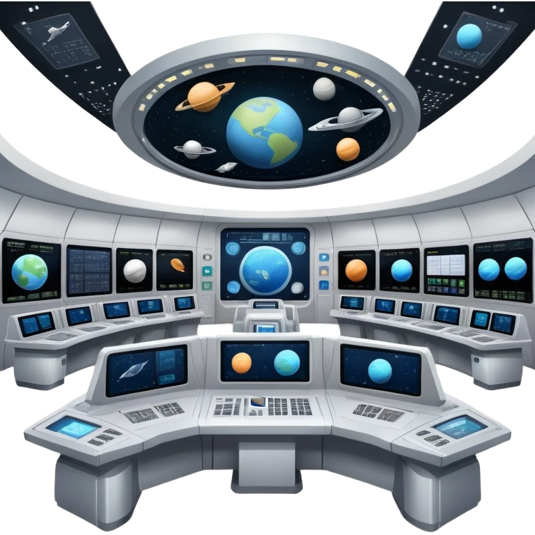 space mission command center with large screens showing spacecraft and planetary data emoji