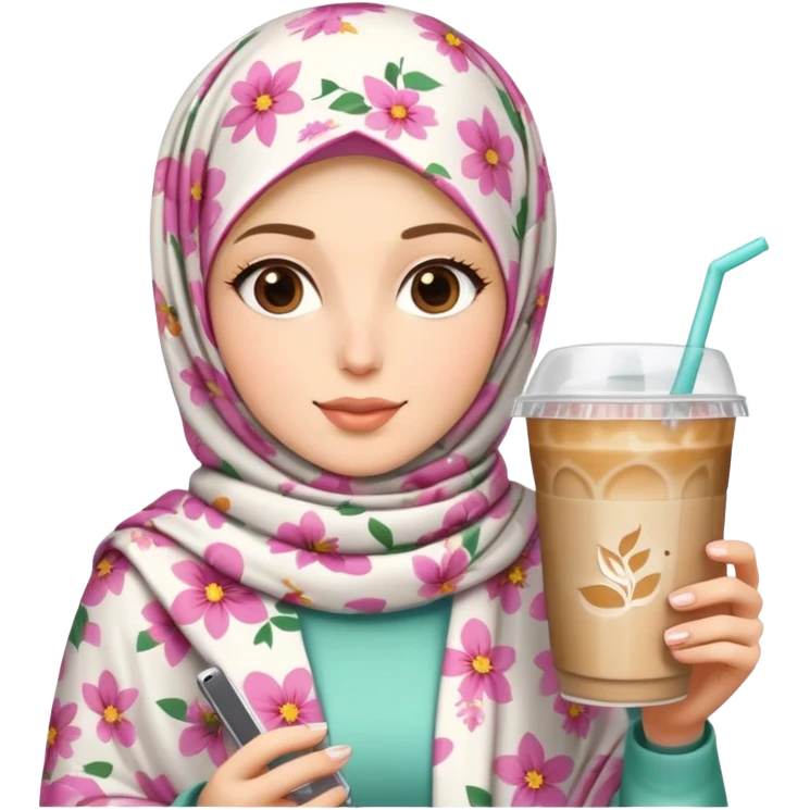 White girl wearing flower pattern hijab and iced coffee emoji