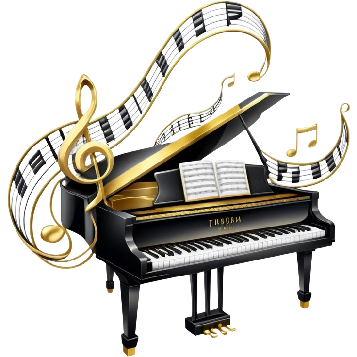 Create an elegant and festive emoji collage representing keyboard instruments, styled like a heraldic emblem. The design should feature a central focal point of black and white piano keys, arranged in a semi-circular or shield-like shape. Around the piano keys, add intertwining musical notes that form flowing ribbons, creating a dynamic and celebratory atmosphere. The design should be professional, with polished silver and gold accents on the keys and notes, highlighting the luxury and sophistication of the instruments. Add subtle shading and lighting effects to give the design a refined, 3D appearance. The background should remain transparent, and the overall feel should evoke grandeur, artistry, and a sense of celebration. emoji
