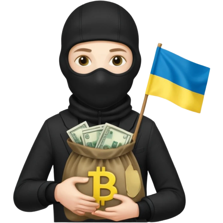 create an incredibly realistic white thief in a black suit and balaclava with a bag of money and a Ukrainian flag on it emoji