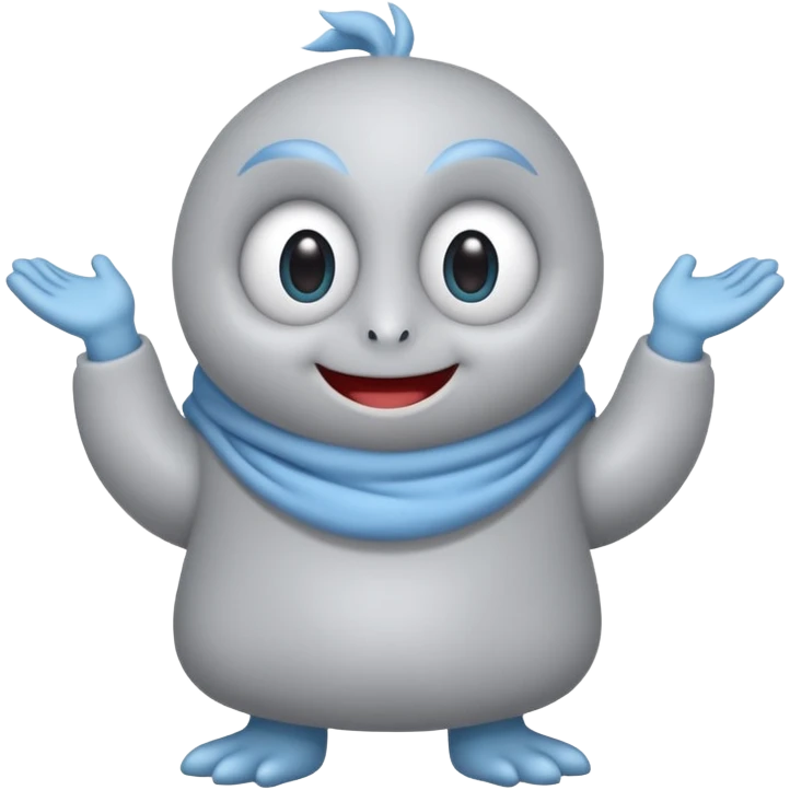No head..it has 1 eye....stands upright ...wears clothing. is light grey and light blue..looks happy and cuddly... doesnt have a full head.... there is a appendage coming out of top of body with a single large eye emoji