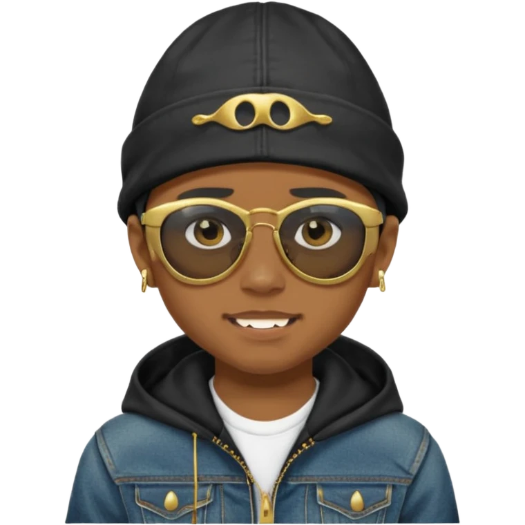 un emoji de un chico emcapuchado, con gorro kalenji, dientes de oro, com uma jaqueta denim tears preta e uns oculos da oakley emoji