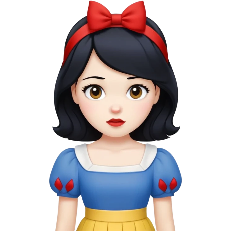 ultra simplified Snow White, blue top with yellow skirt, black hair with red headband, very minimal details, slightly zoomed out emoji