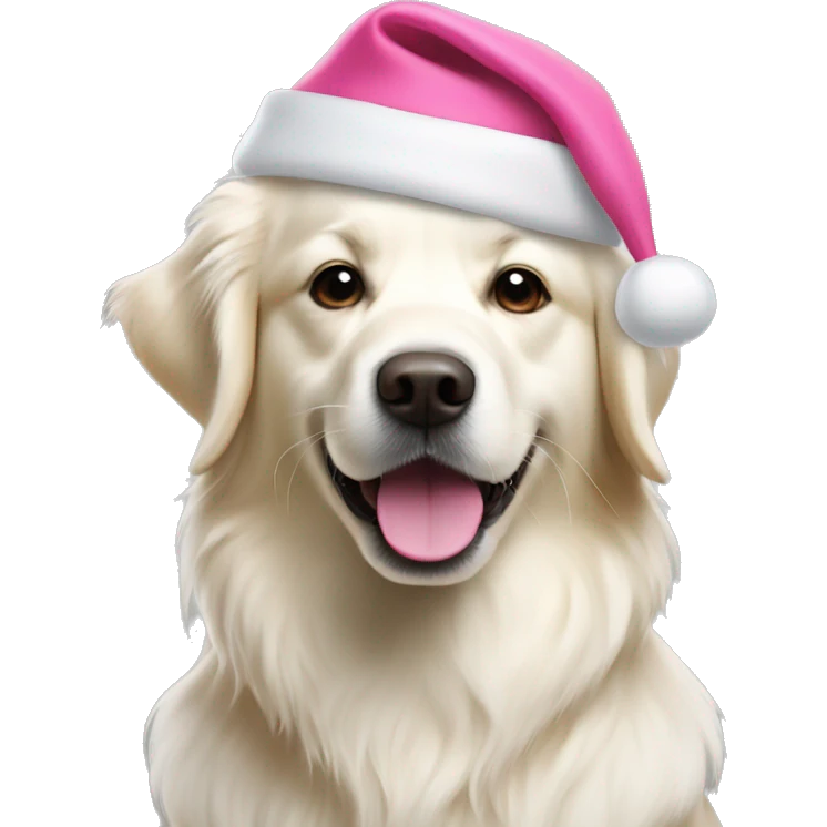 White golden retriever with pink Santa hat emoji