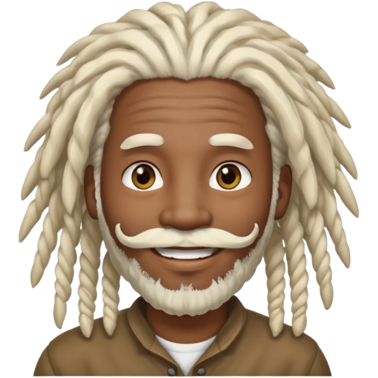 Homem negro de rasta brancos sorrindo com olhos pequenos  bigode e barba branca emoji