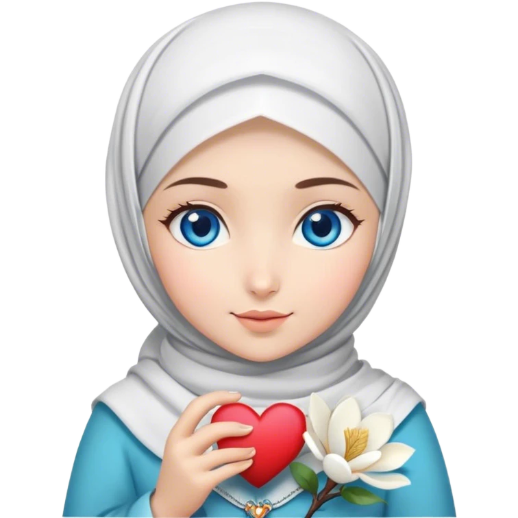 Turkish beautiful finish Konya girl blue eyes with magnolia flower design hijab and hold heart in her hand  emoji