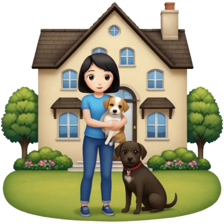 Девушка с тёмными короткими волосами стоит на фоне большого дома рядом с ней стоит мужчина со светлыми волосами обнимаются и рядом собака emoji