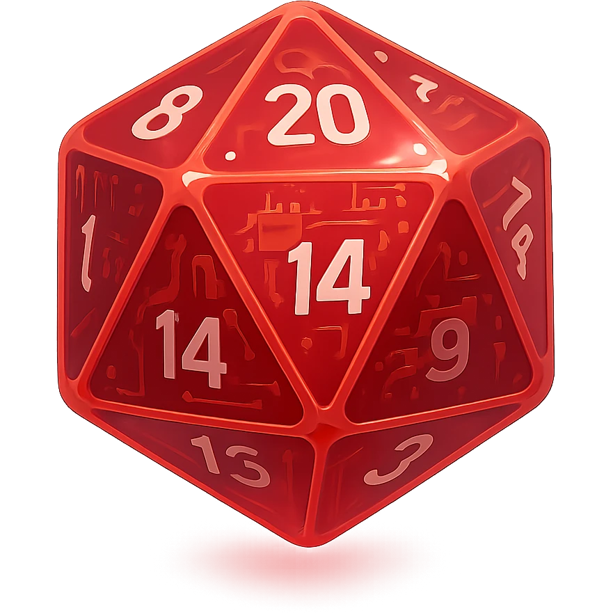D20 dice, modern, sleek design, vibrant colors, glossy finish, red emoji