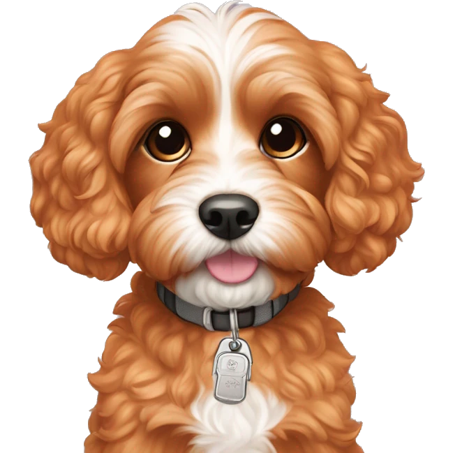 Cavapoo dog orange cute with dog tag saying Mochi emoji