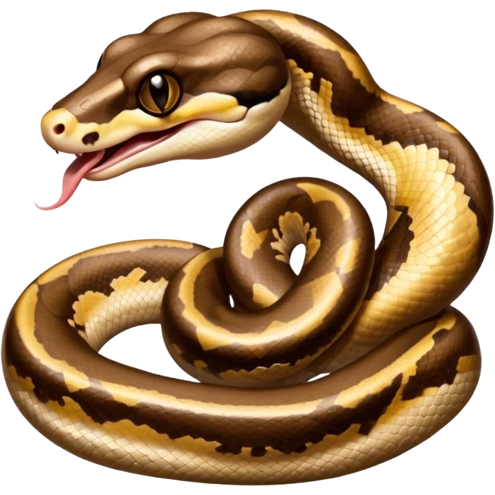 A close-up 3/4 view of the Ball Python with the front half raised slightly in an S-shape and its tongue flicking out. The head is angled curiously toward the viewer, showing both personality and motion. emoji