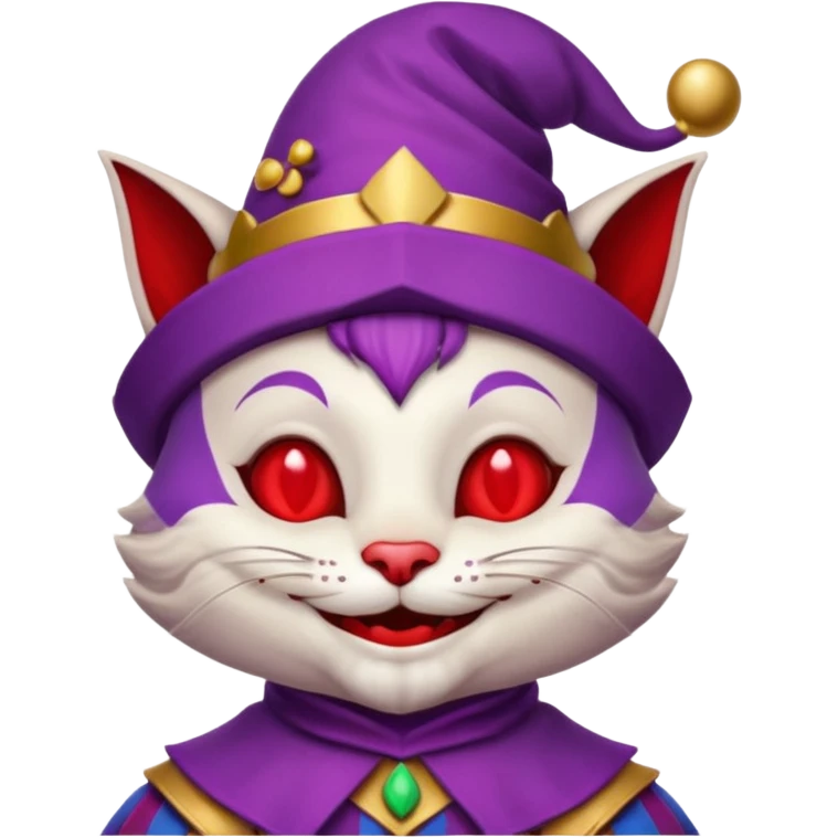 crazy colorful cute little cat jolly joker from poker, medieval, vintage, court jester, mac os icon, purple and red color, half body emoji