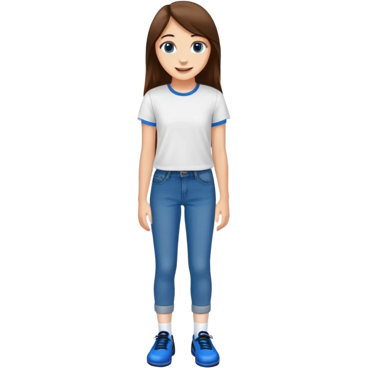 Kind of tall 16 year old smiling white girl that has long, straight brown hair wearing a white T shirt as well as tight blue jeans with brown eyes, and her wearing black socks and blue shoes emoji