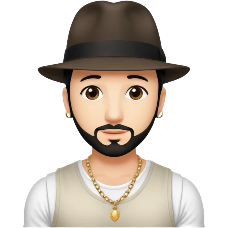 AJ McLean brown eyes, black hair, white tank top and fedora hat with necklace emoji