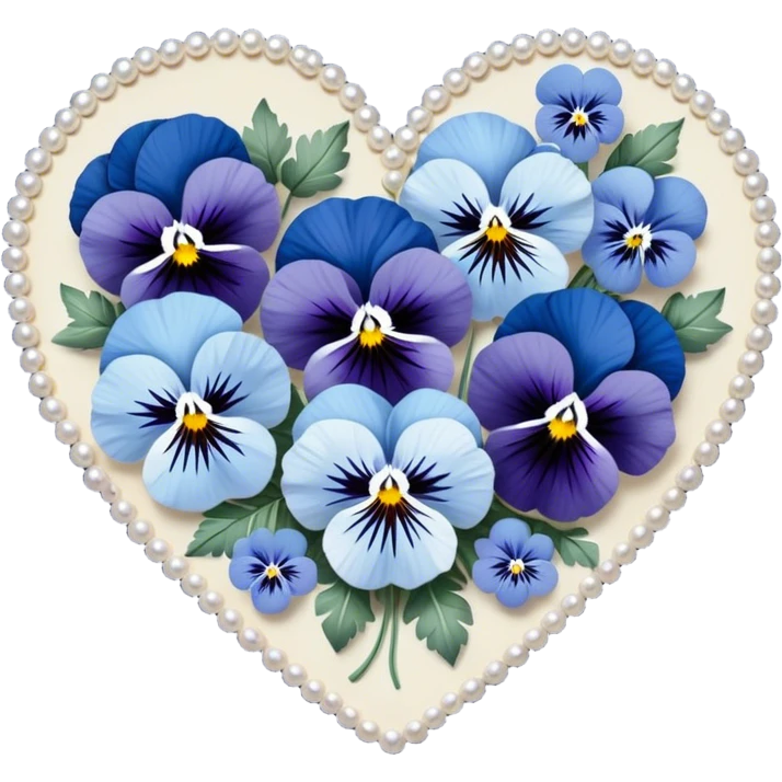 A heart-shaped floral arrangement of deep blue and pastel blue pansies, intricately designed with navy and baby blue accents, resting on a pearl satin fabric and adorned with tiny silver embellishments.
 emoji