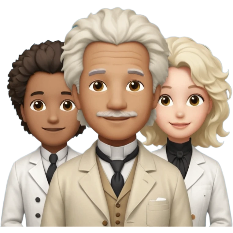 Generate in realistic style Franklin, Edison, Ford in the first row, Einstein, Jobs and Musk in the second behind them. png on transparent background emoji
