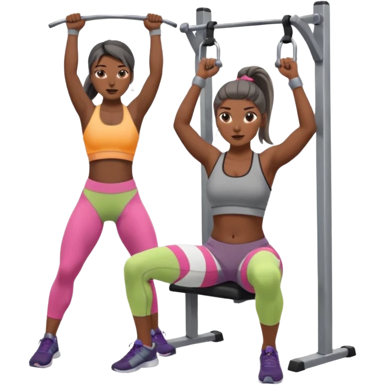 Mujer en gimnasio, peruana con coleta top corto gris y pantalón gris. Haciendo jalón al pecho  emoji