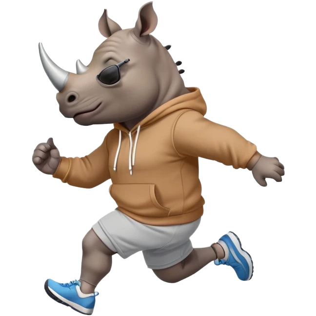 friendly anthropomorphised rhino jogging upright, wearing a hoodie and shorts, dark sunglasses, relaxed pose emoji