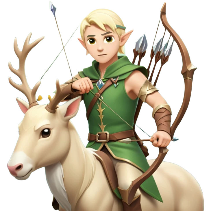 clash-of-clans-aesthetic-blond-male elf-archer-portrait-emoji, rendered in a flat, vector-style with minimal shading and bold holding his bow, simplified shapes, head tilted slightly forward with a determined, focused expression, riding a majestic white stag whose antlers glow with mystical energy, set against an ancient, enchanted forest backdrop. emoji