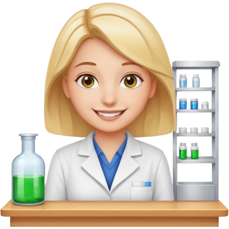 smiling girl pharmacist standing behind counter sunny sparkling eyes emoji