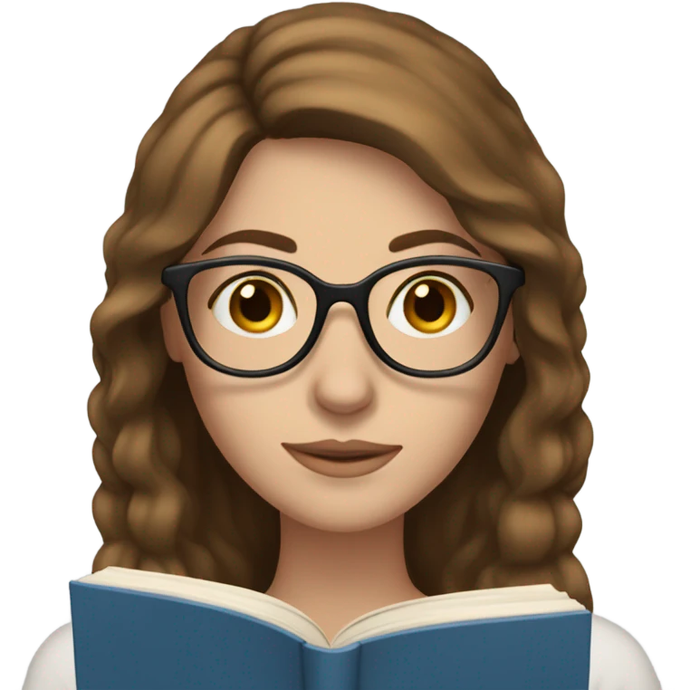 White woman with glasses, long brown hair and blue eyes reading a book emoji