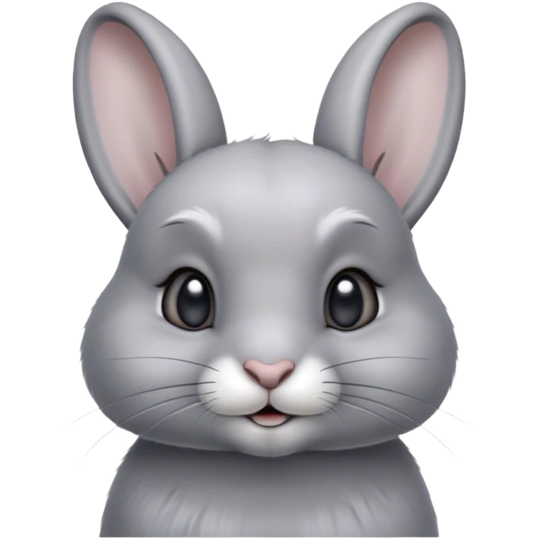 Cinematic Cute Grey Rabbit Portrait Emoji, Head tilted playfully and inquisitively, featuring a silky, smooth grey fur with soft, velvety textures, round, sparkling grey eyes filled with curiosity, Simplified yet irresistibly adorable features, highly detailed, glowing with a warm, friendly glow, high shine, affectionate and gentle, stylized with a touch of whimsy, bright and endearing, soft glowing outline, capturing the essence of a mischievous yet loving bunny, so playful it feels like it could hop out of the screen and into your arms! emoji