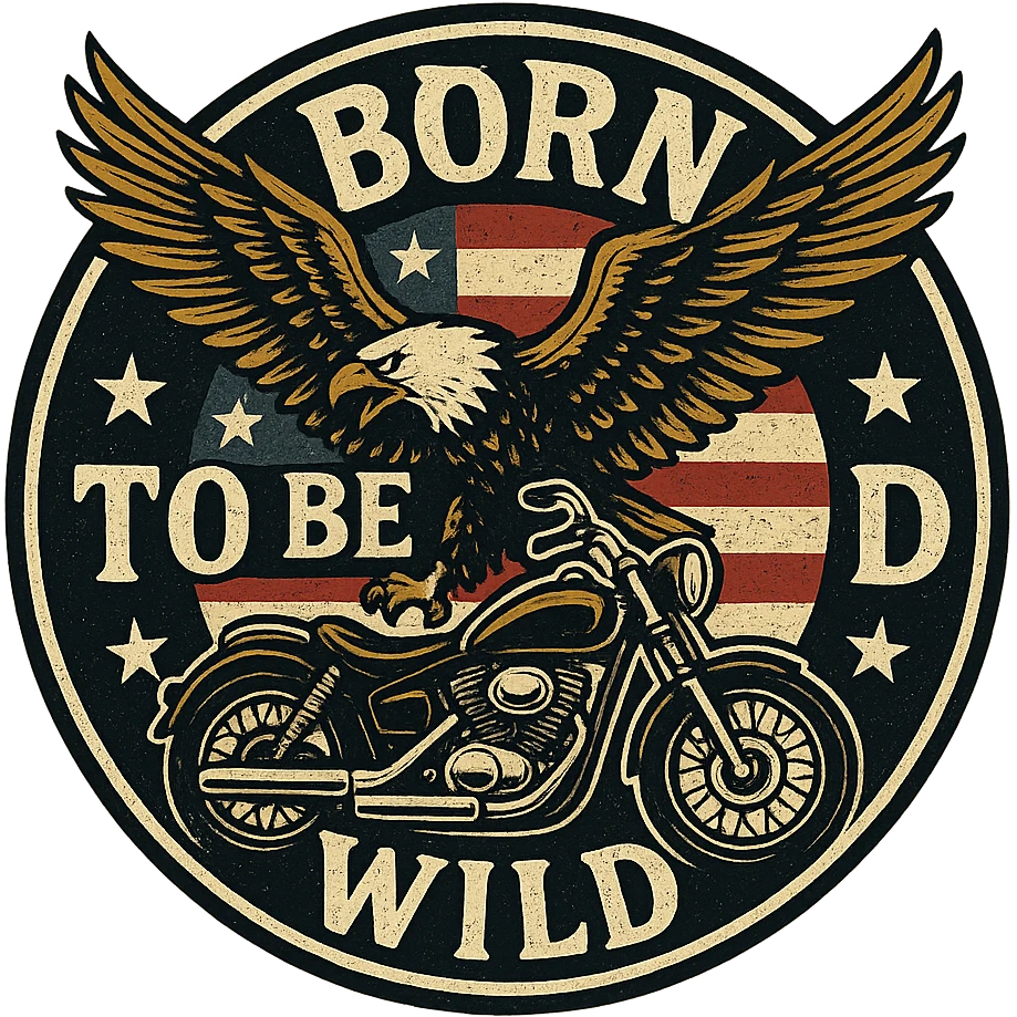 circular motorcycle cap design with transparent background, text 'Born to be wild', motif: eagle, motorcycle, wing, American style emoji