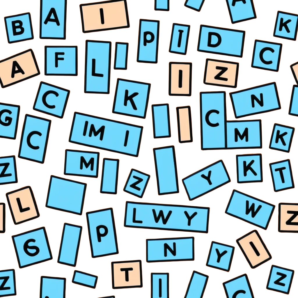 scattered pastel blue wooden alphabet blocks with letters emoji