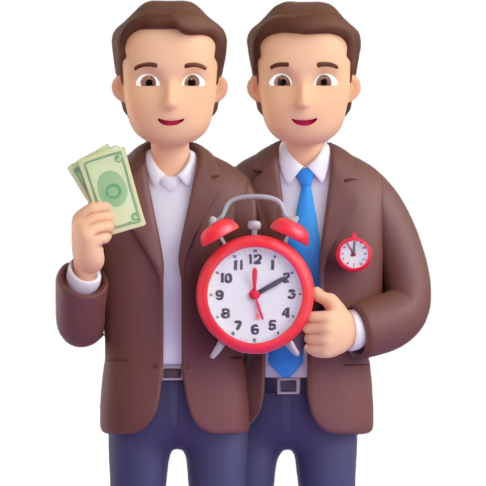 A man with short brown hair holding an alarm clock and money emoji