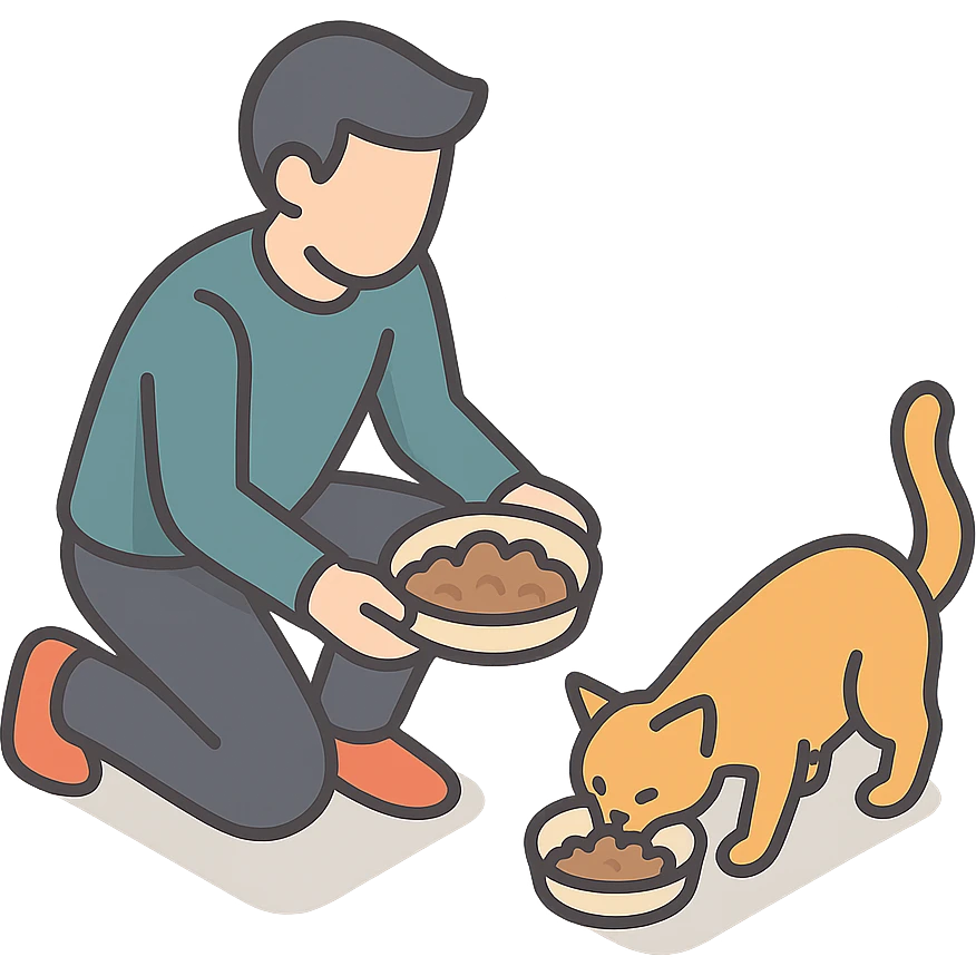 мужчина кормит кошку emoji